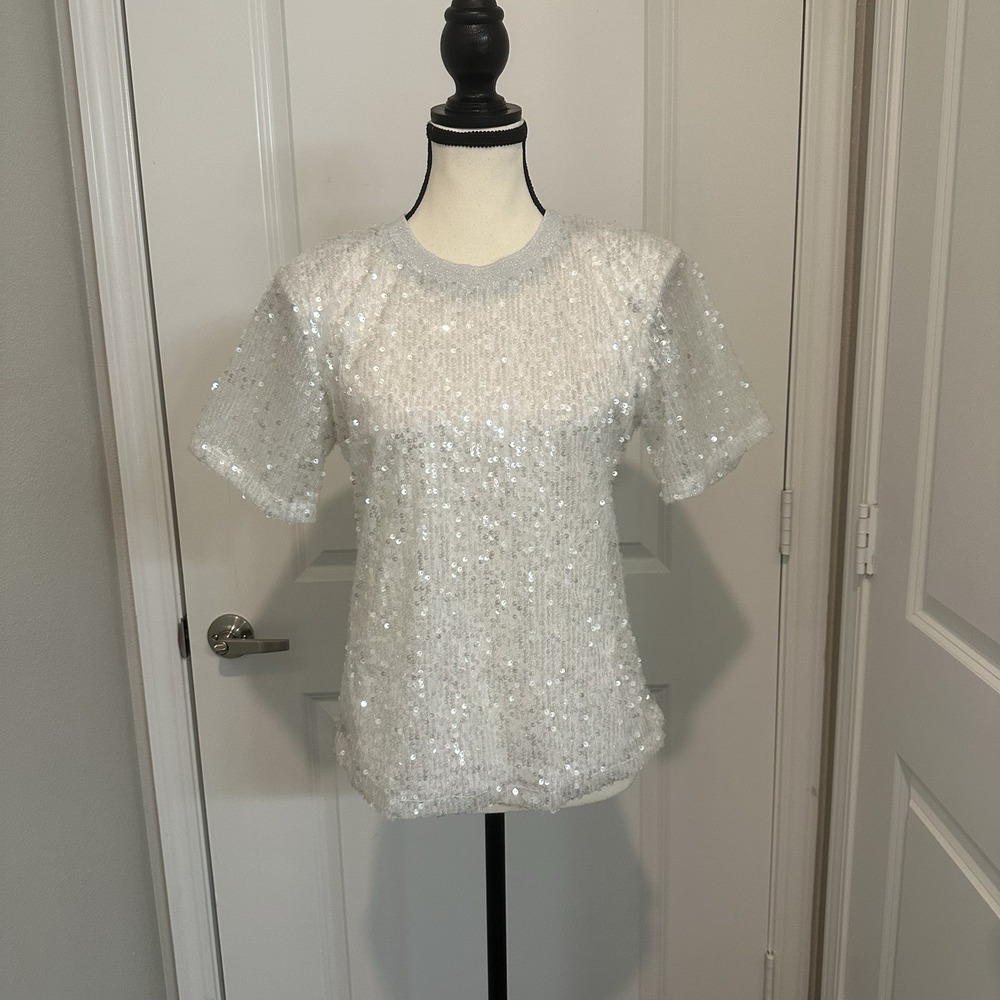 Grey‎ Lab Sequin Open-Back Top Sz S White Sparkly Holiday Party NYE Glam